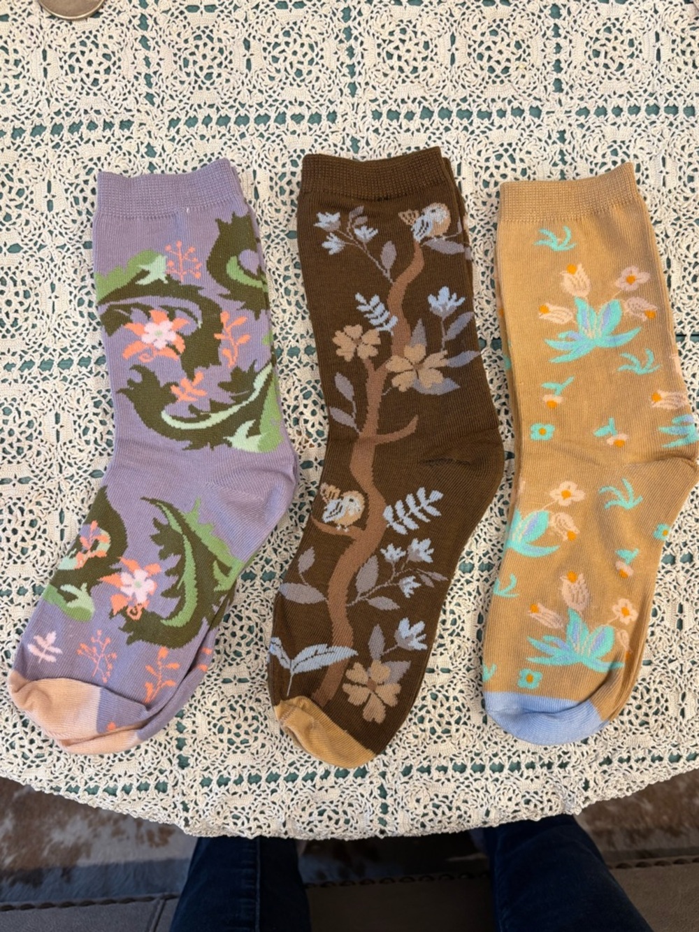 Floral Pattern Cotton Blend Ankle Socks - Lavender, Brown & Tan three pack - Picture 1 of 4